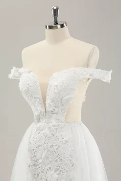 White Off the Shoulder Cut Out Wedding Dress with Detachable Tulle
