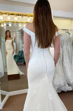 White Off the Shoulder Long Mermaid Wedding Dress with Lace
