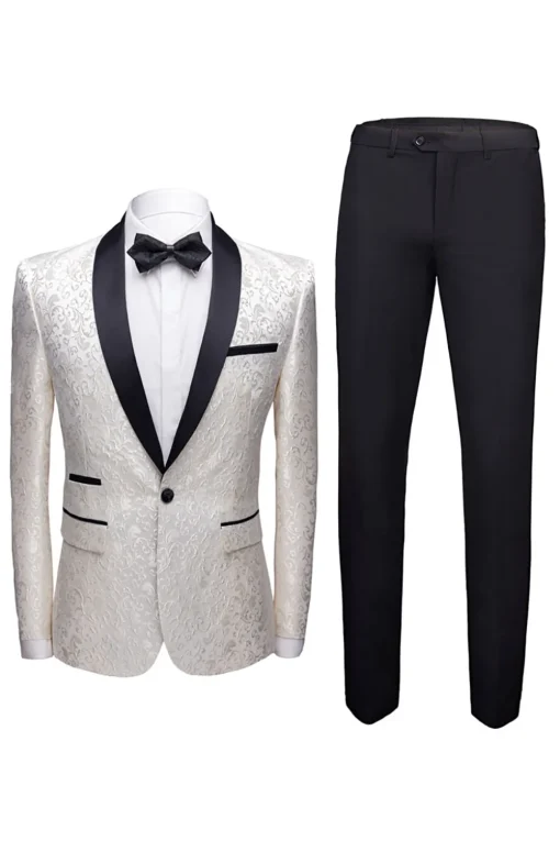 White Shawl Lapel Jacquard Prom Men's 2 Pieces Suits