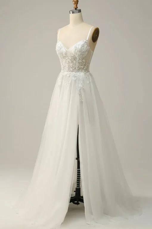 White Spaghetti Straps Corset Prom Dress with Beading