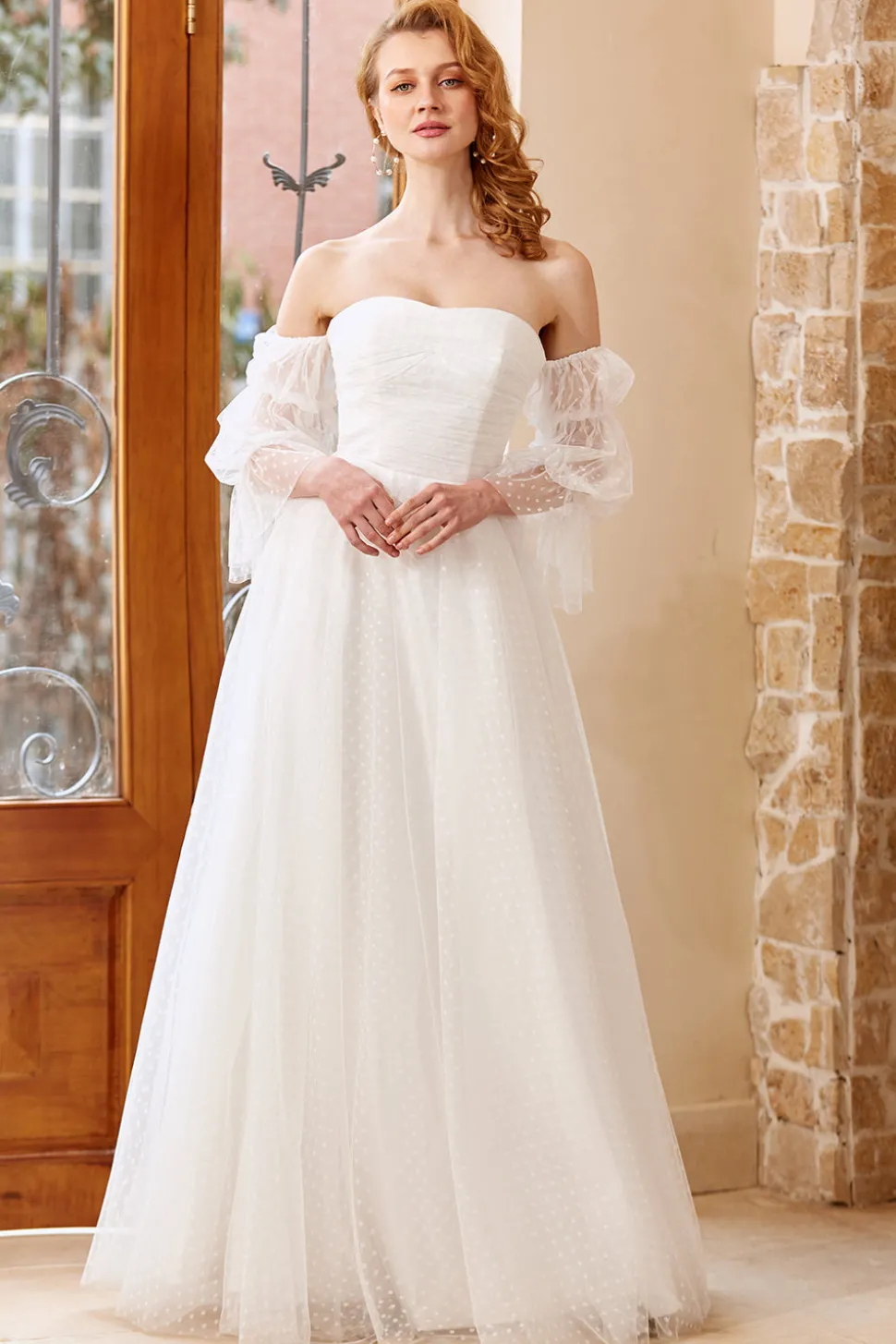 White Tulle Off Shoulder Wedding Dress