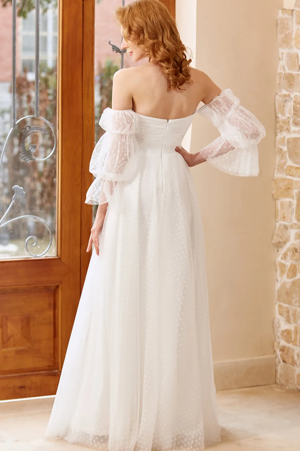 White Tulle Off Shoulder Wedding Dress