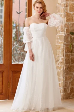 White Tulle Off Shoulder Wedding Dress