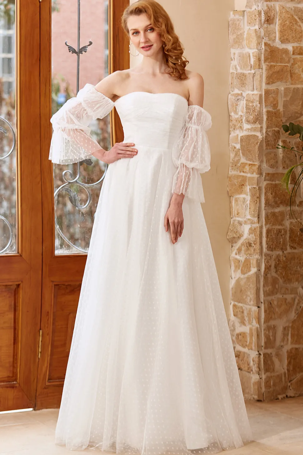 White Tulle Off Shoulder Wedding Dress