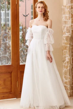White Tulle Off Shoulder Wedding Dress