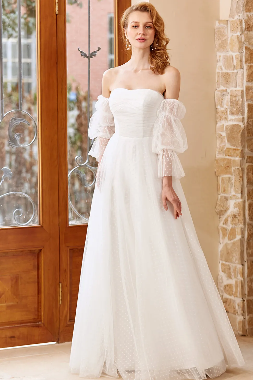 White Tulle Off Shoulder Wedding Dress