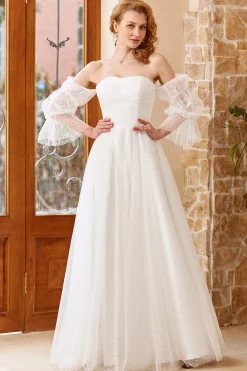 White Tulle Off Shoulder Wedding Dress