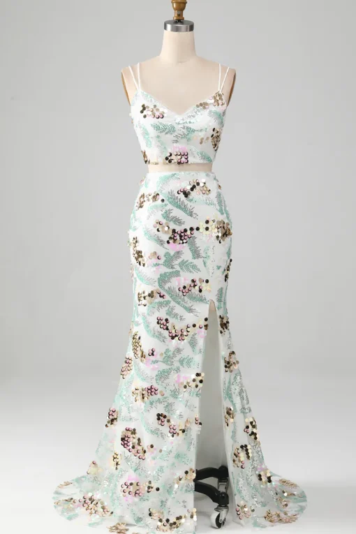 White Two-Piece Sparkly Mermaid Prom Dress with Slit