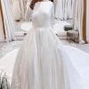 White Vintage Bateau Long A-Line Wedding Dress with Sleeves