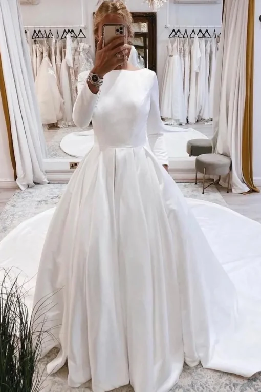 White Vintage Bateau Long A-Line Wedding Dress with Sleeves