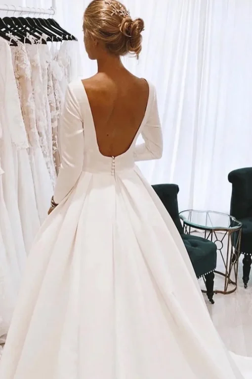 White Vintage Bateau Long A-Line Wedding Dress with Sleeves