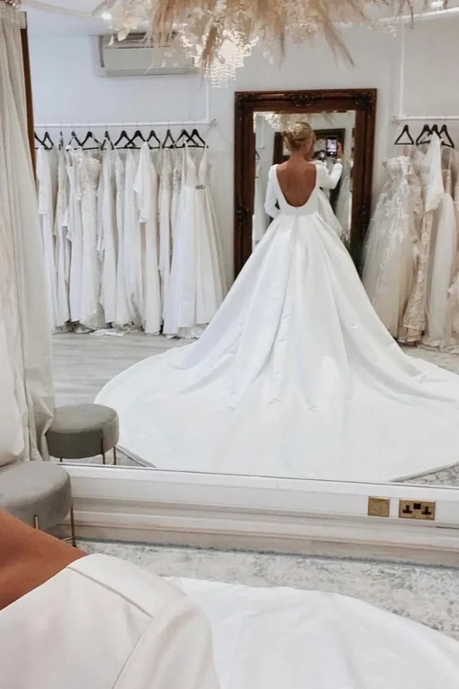 White Vintage Bateau Long A-Line Wedding Dress with Sleeves