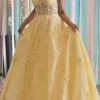 Yellow A Line Princess Corset Prom Dress with Appliques