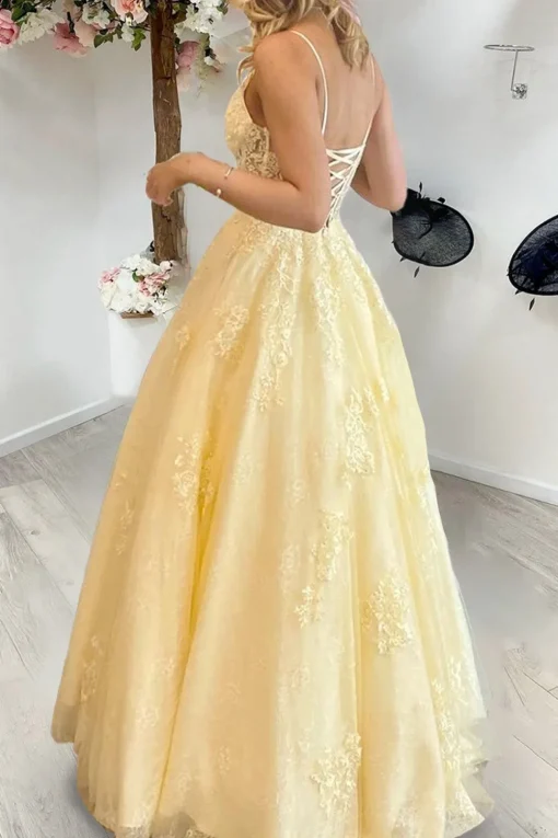 Yellow A Line Princess Corset Prom Dress with Appliques