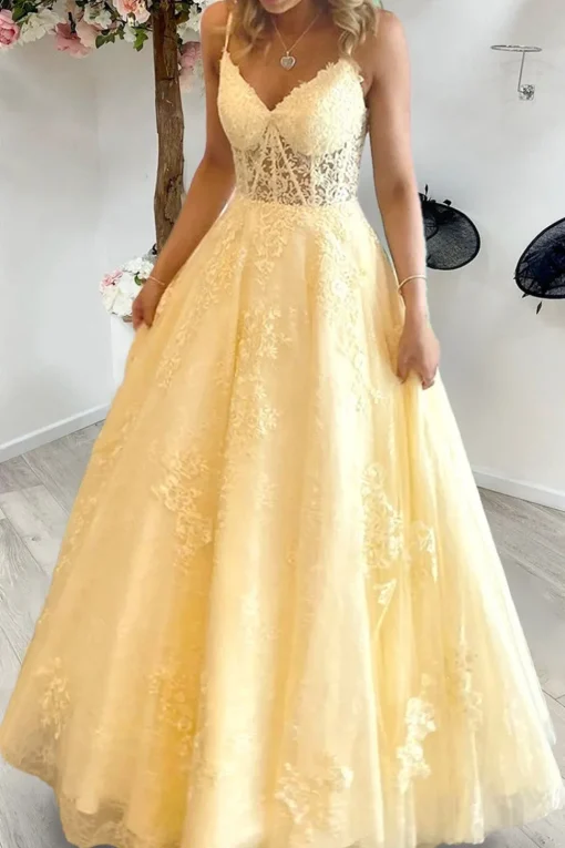 Yellow A Line Princess Corset Prom Dress with Appliques