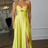 Yellow A Line Spaghetti Straps Satin Long Prom Dress with Slit