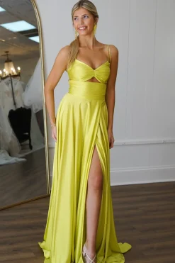 Yellow A Line Spaghetti Straps Satin Long Prom Dress with Slit