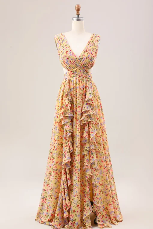 Yellow Small Flower A Line V Neck Pleated Ruffles Wedding Guest Dress